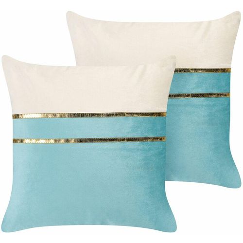 4255664822154 - Beliani - Dekokissen 2er Set in Blau u Beige aus Samt 45 x 45 cm Quadratisch Goldene Streifen Modern Edel Elegant für Wohnzimmer Schlafzimmer Sessel