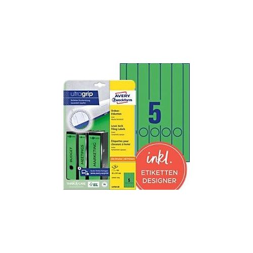 4004182047507 - ® - Ordnerrückenetikett ultragrip schmal lang 38 x 297 mm (b x h) selbstklebend mit Griffloch grün 100 Etik Pack