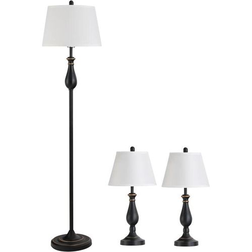 4251774968928 - 3er-Lampenset 2 Tischlampe(ø38 x 158H cm) + 1 Stehlampe(ø30 x 62H cm) Vintage Schwarz+Weiß Metall ps Polyester Baumwolle E27 Lampensockel