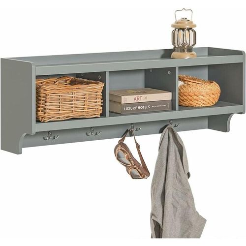 4251388619070 - FHK28-HG Wandgarderobe Flurgarderobe Kleiderhaken Hängeregal mit 3 Körben und 4 Haken Garderobe Hellgrau bht ca 100x35x25cm - Sobuy