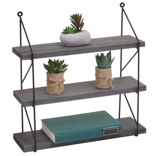 4057651823621 - Wandregal MCW-K78 Hängeregal Schweberegal Regal 3 Regalböden Metall Massiv-Holz Industrial 40x40x13cm ~ dunkelgrau