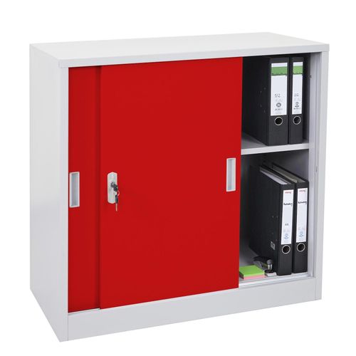 4057651326474 - Aktenschrank Preston MCW-F41 Stahlschrank mit Schiebetüren 90x90x45cm ~ rot