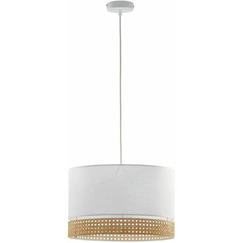 4255596652829 - Licht-erlebnisse - Pendelleuchte Weiß Braun ø 385 cm höhenverstellbar E27 Stoff Rattan Boho Hängelampe Esstisch - Weiß Braun