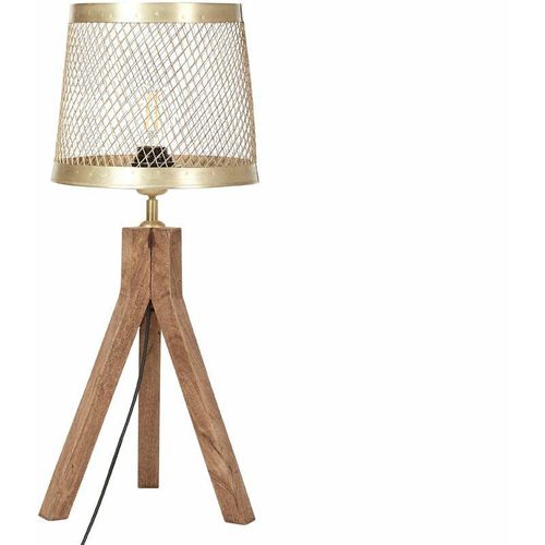 4255664828521 - Beliani - Tischlampe Messing und Dunkelbraun Mango-Holz mit Rundem Schirm Metall Trommelform Dreibein Kabel mit Schalter Gitter-Design Schlafzimmer