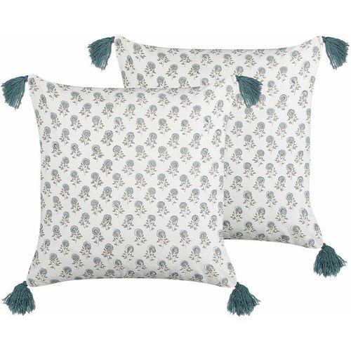 4255664801791 - Dekokissen 2er Set Weiß und Blau Baumwolle 45 x 45 cm Bezug mit Füllung Reißverschluss Quasten Blumenmuster Boho Wohnzimmer Schlafzimmer Deko - Weiß