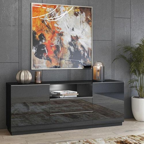 4066075019855 - Lomadox - Sideboard schwarz Wohnzimmer HOOVER-83 mit Glasfronten und led Beleuchtung b h t ca 180 71 48 cm - schwarz