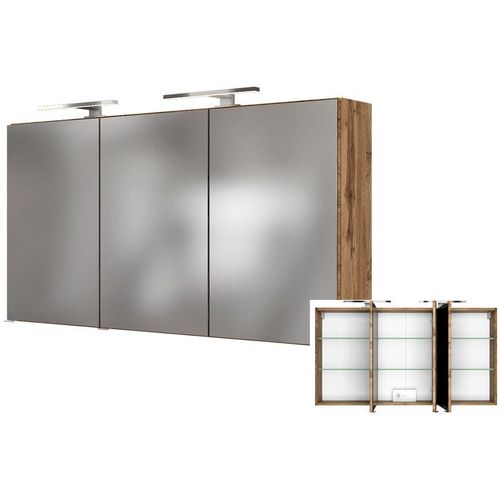 4251324908978 - 3D Spiegelschrank 120 cm mit LED-Aufbauleuchte LOUROSA-03 in Wotaneiche Nb B H T ca 120 66 20 cm - braun