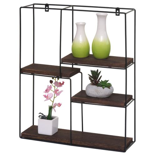 4057651582542 - Wandregal MCW-K76 Hängeregal Schweberegal Regal 4 Regalböden Metall Massiv-Holz Industrial 51x40x11cm ~ dunkelbraun