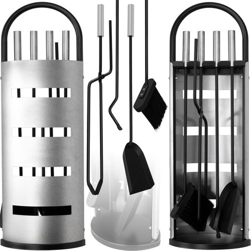 4260598879877 - KESSER® Kaminzubehör 5-teiliges Kaminbesteck Set – Modern Design beschichtet Hochwertige Kamingarnitur aus 5 Teilen Besen Schaufel Schürhaken Zange Ständer mit Sichtschutz Edelstahl