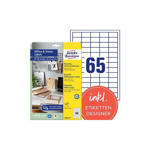 4004182336663 - LR3666-10 Recycling Etiketten Home Office Kleinpackung A4 Adressaufkleber 38 x 212 mm 10 Bogen 650 Etiketten naturweiß - Avery Zweckform