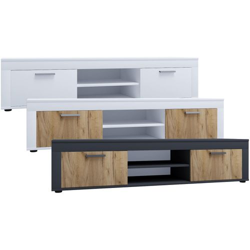 4051814435157 - Holz TV Lowboard Möbel Fernsehschrank Tisch Konsole Fernsehtisch Breite 160 cm Usilo XL (Farbe Weiß   Honig-Eiche)