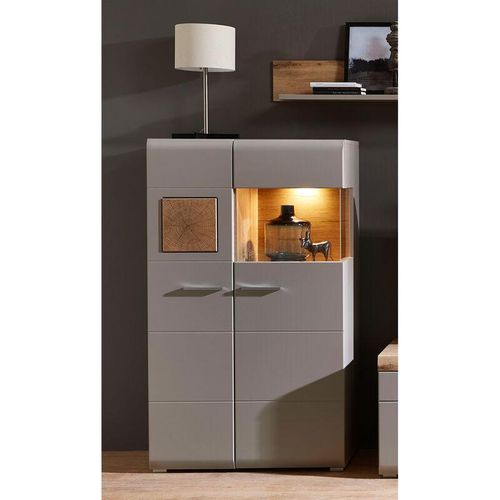 4066075024774 - Lomadox - Vitrinenschrank FARO-36 in basalt mit Absetzungen in Eiche Hirnholz Nb und Beleuchtung b h t ca 80 139 37 cm - beige