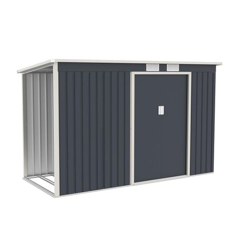 4260565529385 - Metall Gerätehaus M mit Holzunterstand links - Großes Gartenhaus Schiebetür Lüftungsgitter