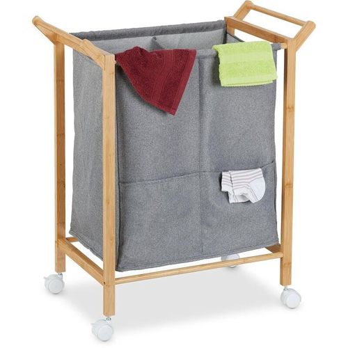 4052025473358 - Wäschekorb 2 Fächer 80 l Wäschesammler auf Rollen Bambus & Stoff h x b x t 76 x 65 x 35 cm natur grau - Relaxdays