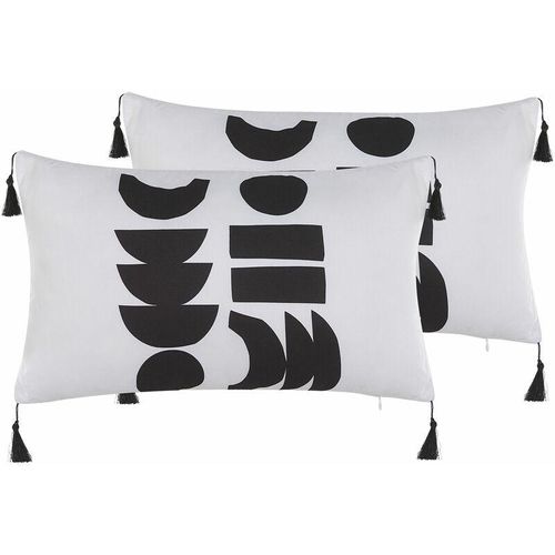 4251682271035 - Dekokissen 2er Set Weiß   Schwarz 50 x 30 cm Polyester mit Fransen Reißverschluss Zierkissen für Küche Esszimmer Wohnzimmer Salon Flur Modern - Weiß