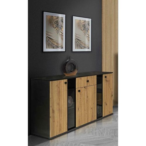 5905351228514 - FURNIX Sideboard SARAI Schublade 3-türig Anrichte Glastüren140 cm Matera Artisan