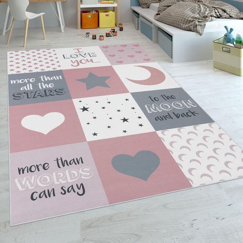 4061981048494 - Kinderteppich Kinderzimmer Mädchen Herzen Sterne Mond Spruch Rosa Grau 160x230 cm - Paco Home