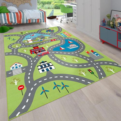 4061981081781 - Kinder-Teppich Für Kinderzimmer Spiel-Teppich Mit Straßen-Motiv In Grün 140x200 cm - Paco Home