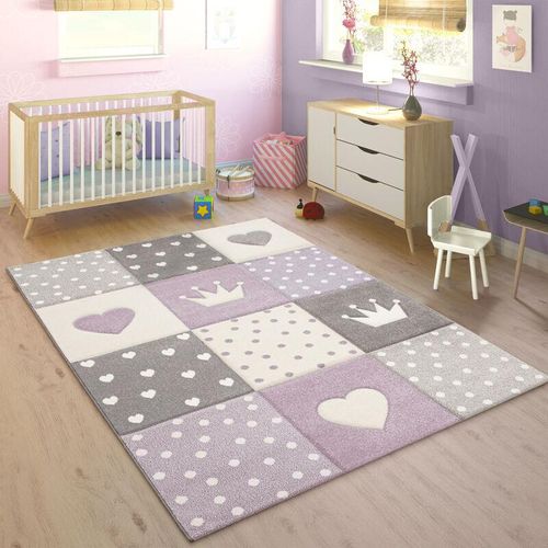 4061981093487 - Kinderteppich Kinderzimmer Kariert Punkte Herzen Sterne In Pastell Lila Grau ø 120 cm Rund - Paco Home