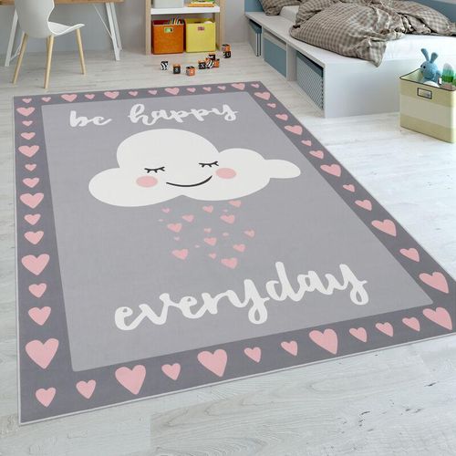 4061981090844 - Kinderteppich Spielteppich Für Kinderzimmer Spruch-Motiv Und Wolke Grau Rosa 120x160 cm - Paco Home