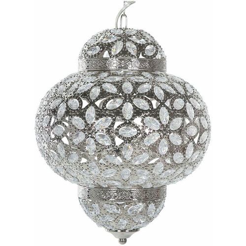 4260624111087 - Beliani - Hängeleuchte Silber Metall Schirm mit Kristallen aus Acrylglas Blumenmuster marokkanisches Design Glamouröser Stil - Silber