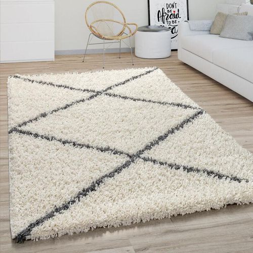 4061981129940 - Hochflor Teppich Wohnzimmer Shaggy Skandinavisches Rauten Muster Modern In Creme 160x220 cm - Paco Home