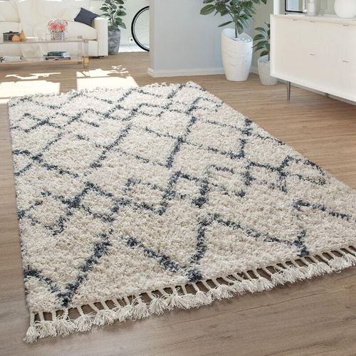 4061981047992 - Shaggy Teppich Wohnzimmer Hochflor Modern Karomuster Rauten In Creme Blau 160x230 cm - Paco Home