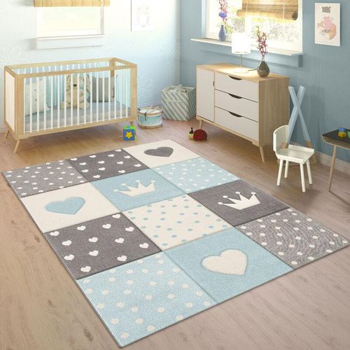 4061981056819 - Kinderteppich Teppich Kinderzimmer 3D Konturenschnitt Kariert Punkte Herzen Sterne Pastell Blau 160x230 cm - Paco Home