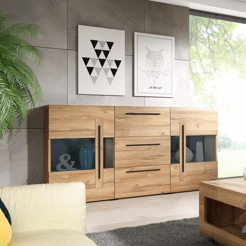 4066075022145 - Sideboard Vitrine Eiche Grandson Nb TURDA-83 modern mit Absetzungen in schwarz B H T ca 180 103 39 cm - braun