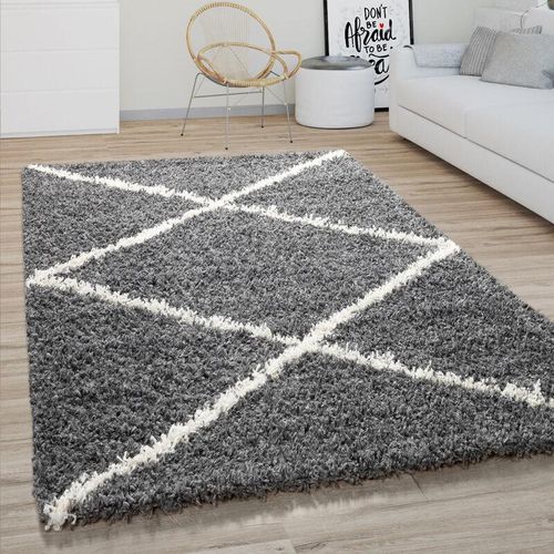 4061981130014 - Hochflor Teppich Wohnzimmer Shaggy Skandinavisches Rauten Muster Modern Dunkel Grau 120x170 cm - Paco Home