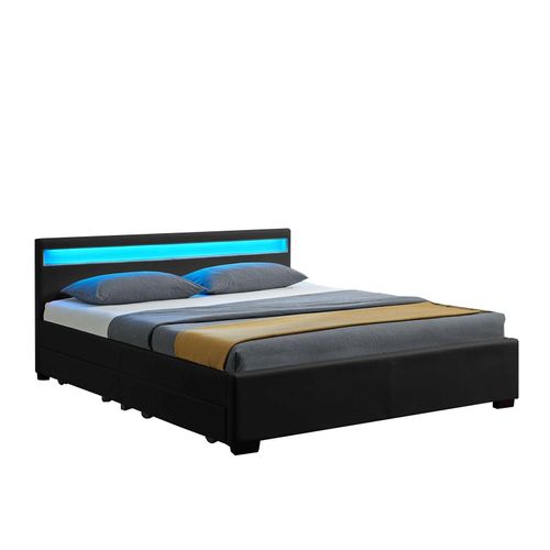 4260304763537 - LED Polsterbett Lyon mit Bettkasten – Bettgestell aus Holz & Kunstleder mit Lattenrost – Einzelbett Jugendzimmer Möbel – 140 x 200 cm - schwarz 4260304763537 - LED Polsterbett Lyon mit Bettkasten – Bettgestell aus Holz & Kunstleder mit Lattenrost – Einzelbett Jugendzimmer Möbel – 140 x 200 cm - schwarz