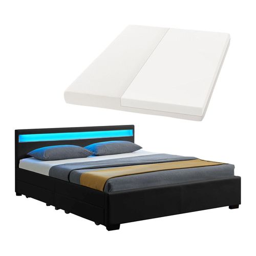 4260304766156 - Polsterbett Lyon 140 x 200 cm mit Bettkasten led Beleuchtung Lattenrost & Matratze - Kunstleder & Holz – Bett Bettgestell Jugendbett schwarz