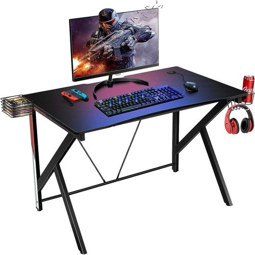 0736542259780 - Costway - Gaming Tisch K-foermiger Computertisch pc Tisch Schreibtisch mit Getraenkehalter Kopfhoerer Haken und Videoablage 115x73cm