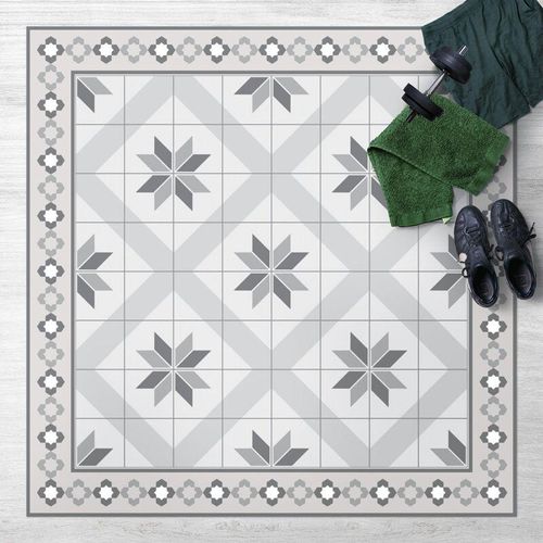 4064493869885 - Micasia - Vinyl-Teppich - Geometrische Fliesen Rautenblüte Grau mit Bordüre - Quadrat 11 Größe HxB 40cm x 40cm