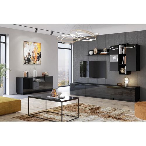 4066075019770 - Wohnwand schwarz modern HOOVER-83 mit Couchtisch und Sideboard b h t ca 280 195 48 cm - schwarz