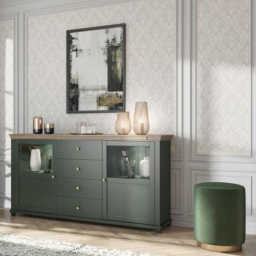 4066075017134 - Lomadox - Sideboard mit Glaseinsätzen und led Beleuchtung EPSOM-83 Landhaus grün mit Lefkas Eiche Nb b h t ca 181 93 42 cm - grün