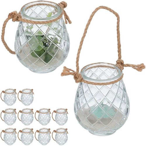 4052025458225 - Windlicht 12er Set Glas Henkel aus Hanfseil innen & außen Teelichthalter 10 x 85 cm transparent natur - Relaxdays