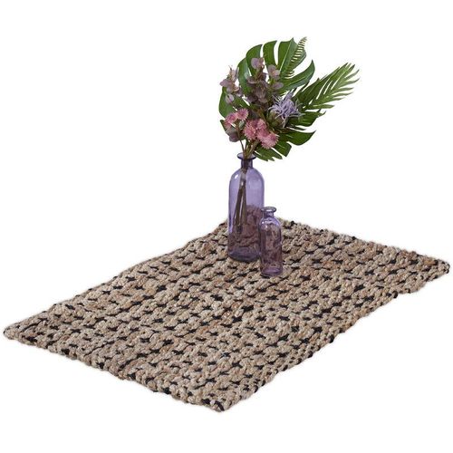 4052025427962 - Relaxdays - Jute Teppich 60x90 cm handgewebter Teppichläufer Naturfasern Läufer Flur Wohnzimmer Küche beige schwarz