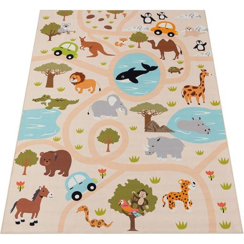 4061981235931 - Teppich Kinderzimmer Kinderteppich Spielteppich Dschungel Rutschfest Creme Grün 120x160 cm - Paco Home