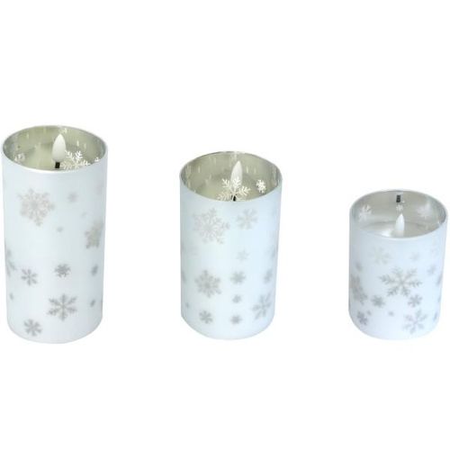 4057984016325 - X-mas - led Echtwachskerze in Glaswindlicht 3er Set Silber Schneeflocken Motiv Timer - Silber 4057984016325 - X-mas - led Echtwachskerze in Glaswindlicht 3er Set Silber Schneeflocken Motiv Timer - Silber