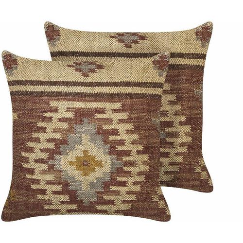 4255664810571 - Beliani - Dekokissen 2er Set Mehrfarbig Jute u Wolle 45x45 cm Quadratisch mit Polyester-Füllung Muster Orientalisch Geometrisch für Wohnzimmer Deko