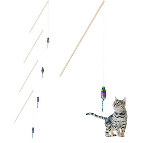 4052025469658 - Katzenangel mit Maus 5er Set interaktives Katzenspielzeug 106 cm lang Beschäftigung Katzen & Kitten bunt - Relaxdays