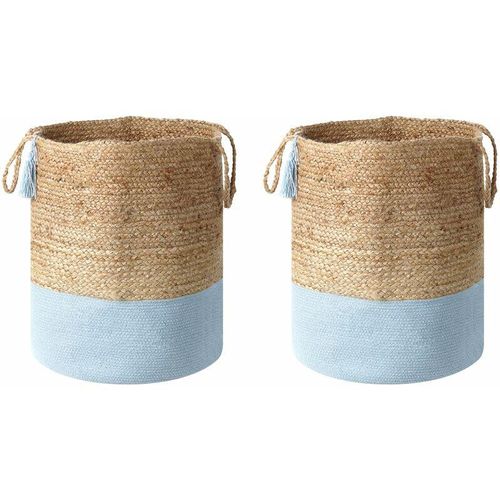 4255664809568 - Beliani - Set aus 2 Aufbewahrungskörben Baumwolle Jute Natur und Blau 50 cm Boho - Beige