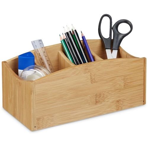4052025202460 - Relaxdays - Schreibtischorganizer aus Bambus Stifteköcher mit 4 Fächern natürliche Maserung hbt ca 115 x 26 x 13 cm natur