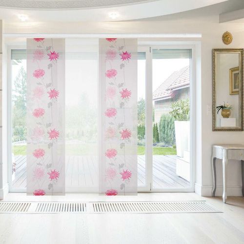 4059222260668 - Flächenvorhang Elena 3er Pack mit Druck   Motiv 60 x 260 cm (b x h) in Himbeere Floral inkl Zubehör Schiebevorhang mit Print - Himbeere Floral