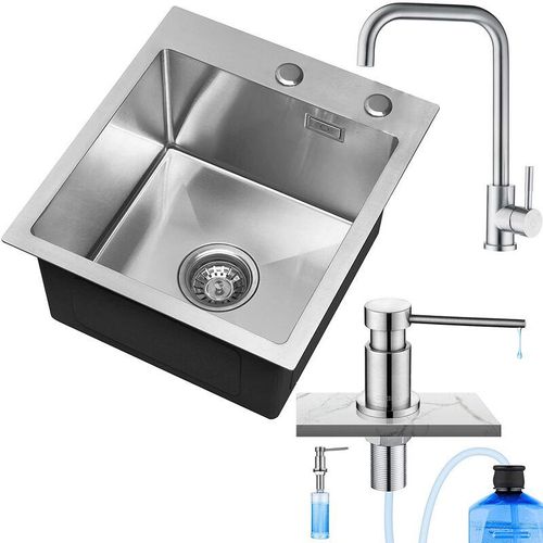 0768607946076 - Spülbecken 40 45 cm ab 40er Unterschrank Küchenspüle mit Über- und Ablaufgarnitur Edelstahl Becken Einbauspüle 304 Poliert +Wasserhahn Gebürstet