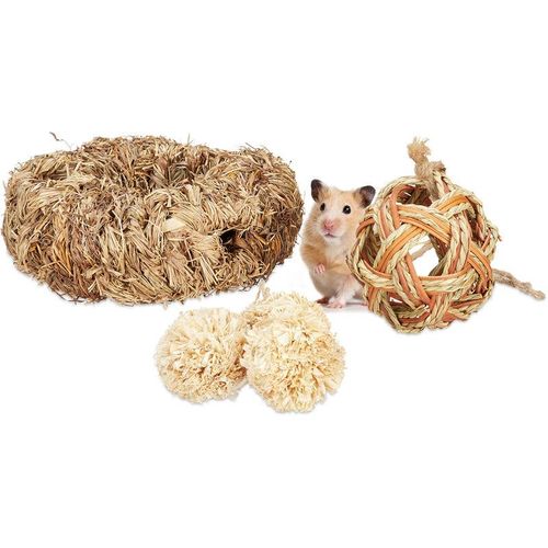 4052025344405 - Relaxdays - Hamster Zubehör Set 5 tlg Grasröhre & 4 Bälle Käfigzubehör Nager Mäuse Hamsterspielzeug Stroh Gras natur