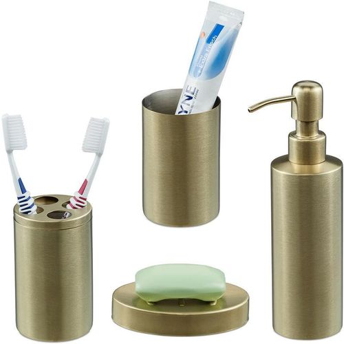 4052025388546 - Badezimmer Set 4-teilig Badaccessoires Edelstahl gebürstet komplette Badezimmerausstattung modern gold - Relaxdays