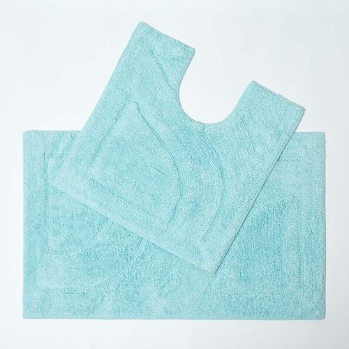 5055967428256 - 2 teiliges Luxus Badematten Set 100% Baumwolle aqua blau - Aqua - Homescapes