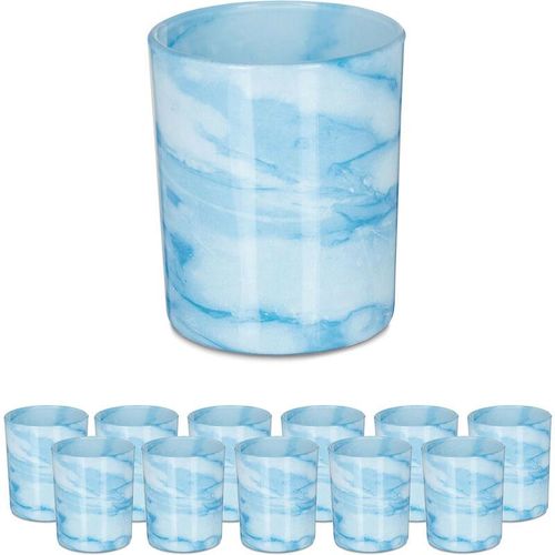 4052025421755 - Teelichtgläser 12er Set Teelichthalter aus Glas schlichtes Design h x d 85 x 7 cm Deko blau creme - Relaxdays